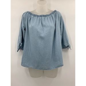 Endless Love Medium Chambray Top Blue Off Shoulder Stretchy Tie Half Sleeves